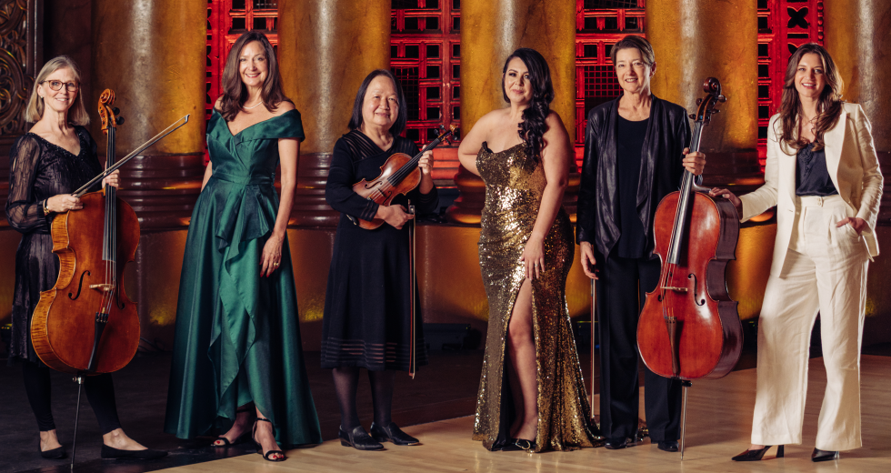 From left: Cellist Lena Andaya, WEAVE CEO Beth Hassett, violinst Cindy Lee, Guardian Protection Force Ashlee CEO Ashley Cervantes-Thomas, cellist Susan Lamb Cook and HMCI founder Sadie St. Lawrence pose inside Sacramento's Memorial Auditorium. (Photo by Francisco Chavira)
