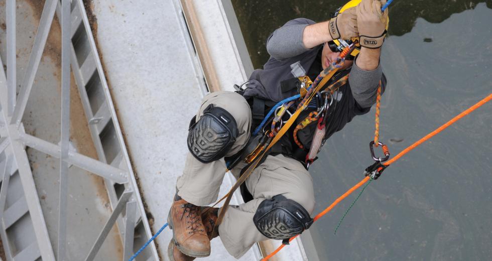 Christopher Abela, a civil engineer with the U.S. Army Corps of Engineers Sacramento District, ascends a climbing rope during an inspection at New Hogan Dam near Valley Springs.

(photo: Courtesy U.S. army corps of engineers)