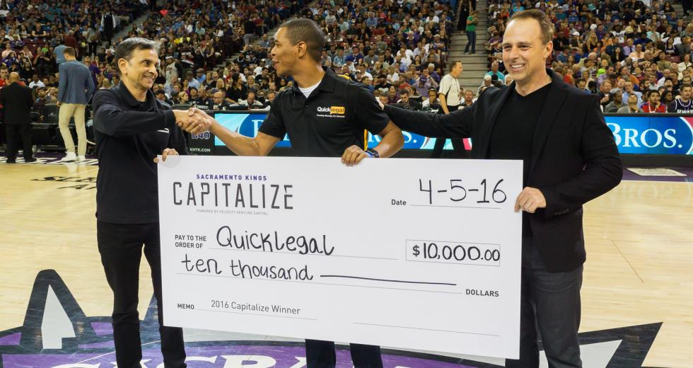 From left: Kings owner Vivek Ranadive, Derek Bluford and Velocity Capital General Partner Jack Crawford. Bluford’s business, Quicklegal, won the Sacramento Kings Capitalize competition in April. (Photography courtesy of John Jacobs) 