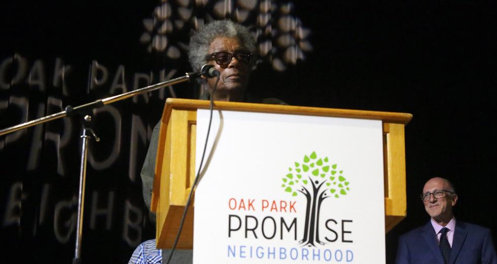 Long-time Oak Park resident Norman Blackwell Sr. speaks during the Oak Park Promise kickoff event at the Guild Theater in July. (Photo courtesy Maria Christie)