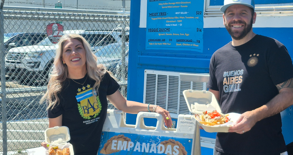 Estefania Bozzalla, left, and her husband Shane Twilla run the food truck Buenos Aires Grill. (Photo by Sasha Abramsky)