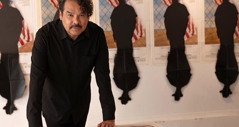 Artist Julio César Morales in his San Francisco studio with THE BORDER, 2025, and other works in “OJO” Julio César Morales. Courtesy of the artist and Gallery Wendi Norris, San Francisco. (Photo by Renee Zellweger)