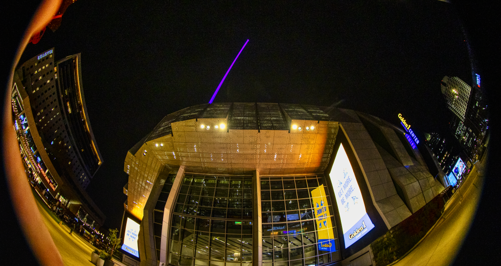 A fish-eye lens view of Golden 1 Center and the beam, which was lit after the NCAA men’s tournament there on March 18, 2023.