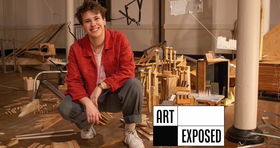 Luka Vergoz, a UC Davis MFA alum, poses with his sculptures at Headlands Center for the Arts. (Photos courtesy of Luka Vergoz)