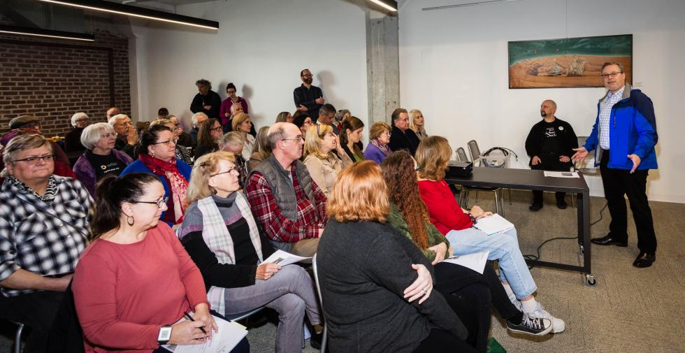 Tom Pace, planning director with the City of Sacramento, speaks to the attendees at the Preservation Sacramento roundtable at the Urban Hive. Pace is new to the City of Sacramento, having most recently been employed by the City of Stockton.