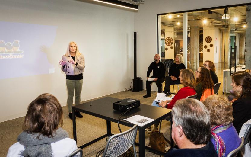 Jenn Kistler-McCoy provides attendees with an overview of her business, Sac Running Tours, which offers guided tours throughout Sacramento. Kistler-McCoy recently added a tour based on the Greta Gerwig movie, “Lady Bird.”