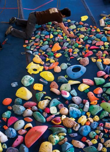 In a shop behind the North 16th Street gym, the routesetting crew, including Ryan Rougeux (pictured) hand shapes all the climbing holds to create the perfect selection of grips for each route. In a shop behind the North 16th Street gym, the routesetting crew, including Ryan Rougeux (pictured) hand shapes all the climbing holds to create the perfect selection of grips for each route.