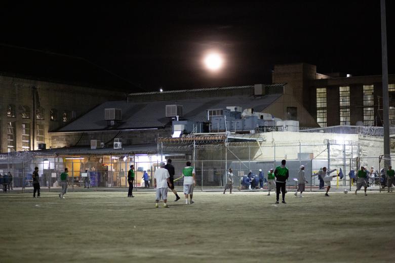 Folsom State Prison’s athletic yard under a supermoon. “We all begged to get out here and play,” says inmate Edwin McMillan. (Photo by Steve Martarano)