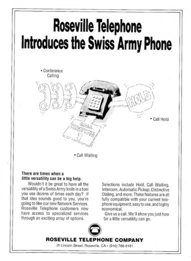 5.) "Roseville Telephone Introduces the Swiss Army Phone" (May 1990)
Conference calling, call waiting AND call hold? Yeah, it basically builds the campfire for you. 5.) "Roseville Telephone Introduces the Swiss Army Phone" (May 1990)
Conference calling, call waiting AND call hold? Yeah, it basically builds the campfire for you.