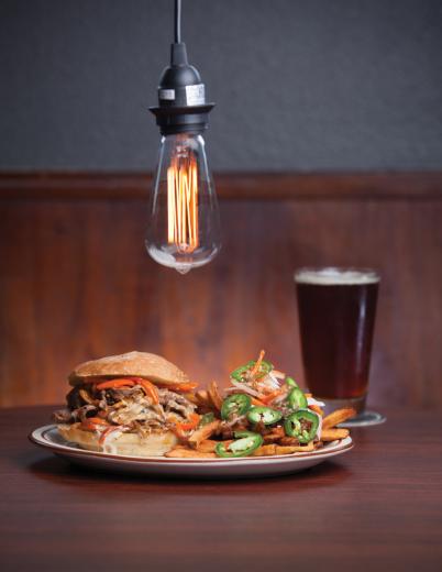 Broderick Restaurant & Bar: Desperado sandwich with thinly sliced marinated flank steak, grilled dragon oyster mushrooms, house-pickled peppers, carmelized onions, black pepper gorgonzola cheese sauce and a side of banh mi fries. Paired with a Ruhstaller 1881 California Red Ale. Broderick Restaurant & Bar: Desperado sandwich with thinly sliced marinated flank steak, grilled dragon oyster mushrooms, house-pickled peppers, carmelized onions, black pepper gorgonzola cheese sauce and a side of banh mi fries. Paired with a Ruhstaller 1881 California Red Ale.