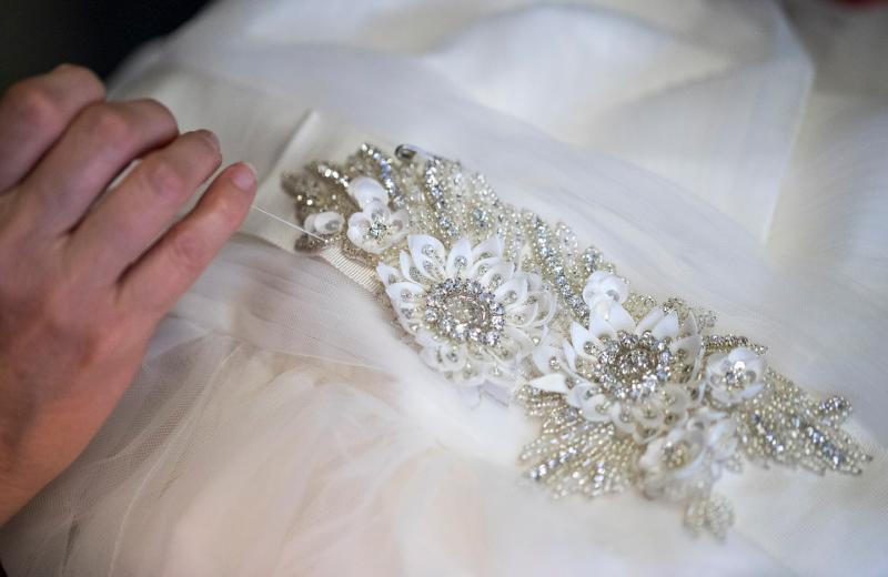 This sequined ‘20s-era dress pictured on client Jen Wilcox took roughly 60 hours to complete. “When you’re so inspired, and really doing what you love, you don’t really think about how many hours you’re working,” Johng-Nishikawa says.