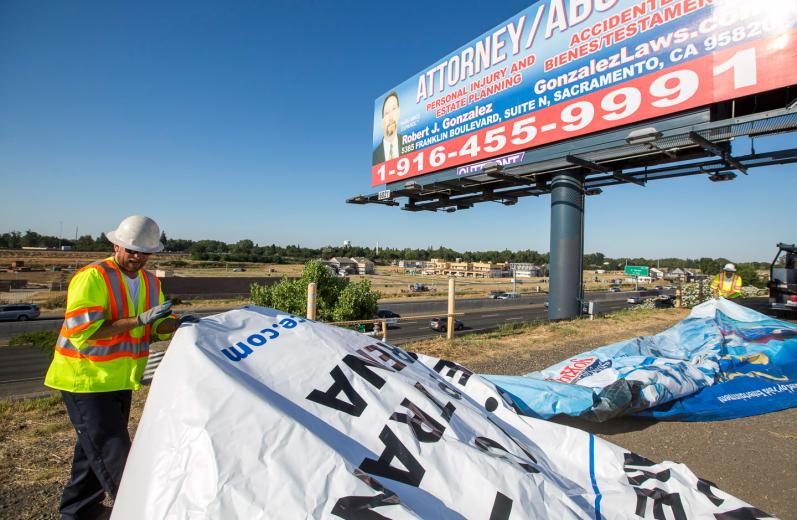 The vinyl can come in one piece or in multiple panels seamed together, depending on the size of the vinyl being installed, says Operations Manager Forrest Porter. In the Sacramento area alone, Outfront operates 610 bulletins, 848 posters and seven digital displays.
The vinyl can come in one piece or in multiple panels seamed together, depending on the size of the vinyl being installed, says Operations Manager Forrest Porter. In the Sacramento area alone, Outfront operates 610 bulletins, 848 posters and seven digital displays.