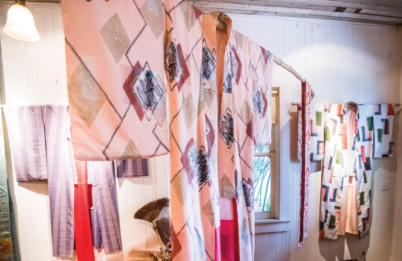 The vintage 1940s kimonos displayed in the front lounge and gallery were once packed away as Japanese-Americans entered internment camps, and have never been washed.