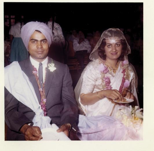 The 1964 wedding of Didar Bains and Santi Poonian in Marysville. (Photo courtesy of the Bains family and the UC Davis Pioneering Punjabis Digital Archive)