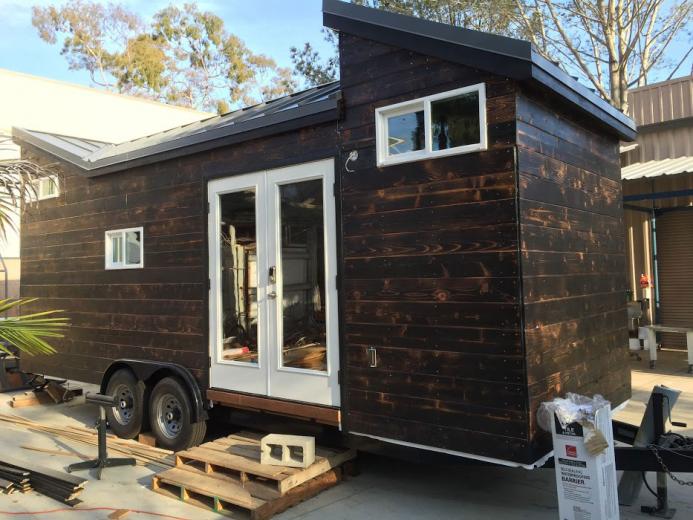 Chris Silva's tiny home during construction. The siding and roof are completely done. 