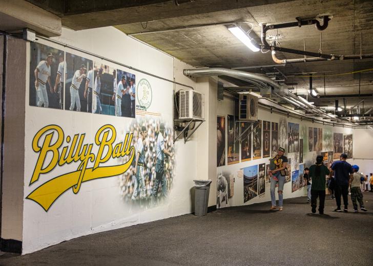 Billy Ball, the early 1980s-era style of play led by manager Billy Martin, is depicted on a wall underneath RingCentral Coliseum on June 29. The ballpark is the third oldest in the American League, behind Boston’s Fenway Park and Angel Stadium of Anaheim.