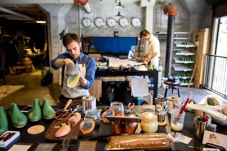 But if you want a pair of Schwartz’s custom-made shoes, don’t expect them to come quickly. Schwartz says it takes about 10 hours to make one pair. To accommodate the growing demand for his products, he’s hired apprentice August Larson (pictured back left) and increased the initial 5-week turnaround to 12 weeks. Even so, Schwartz insists his customers have remained patient. But if you want a pair of Schwartz’s custom-made shoes, don’t expect them to come quickly. Schwartz says it takes about 10 hours to make one pair. To accommodate the growing demand for his products, he’s hired apprentice August Larson (pictured back left) and increased the initial 5-week turnaround to 12 weeks. Even so, Schwartz insists his customers have remained patient.