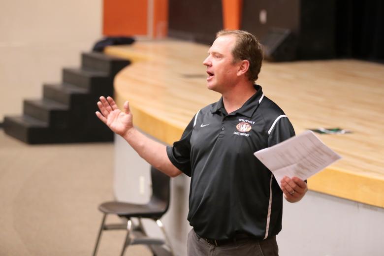 Whitney guidance counselor Patrick Floyd welcomes volunteers to mock interview day.