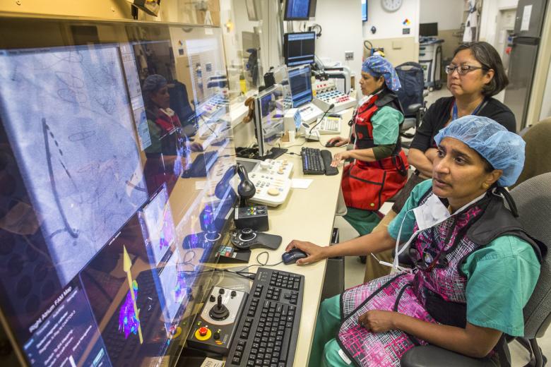 “The primary benefits of the system are increased precision, the opportunity to both examine and treat patients during the same procedure, and the opportunity to see important clinical information on one large screen,” Srivatsa says. The procedure is also safer for both the medical team and the patient, because the magnets reduce the radiation involved with traditional methods.
“The primary benefits of the system are increased precision, the opportunity to both examine and treat patients during the same procedure, and the opportunity to see important clinical information on one large screen,” Srivatsa says. The procedure is also safer for both the medical team and the patient, because the magnets reduce the radiation involved with traditional methods.