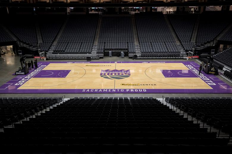 The panels are northern hard maple, save a single strip of Sacramento elm in the Kings logo at the heart of the court. “The crew is really proud of putting the court down, because they can see it on TV and say they built that, and be proud of their job,” Spann says.