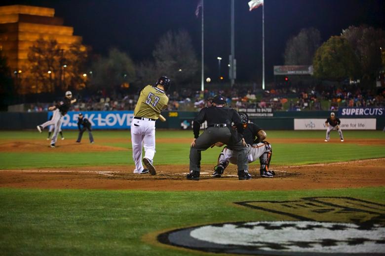 Jerry Sands launches the sixth-inning home run to right field that proved to be the game-winner as the River Cats bested the Giants 6-5.