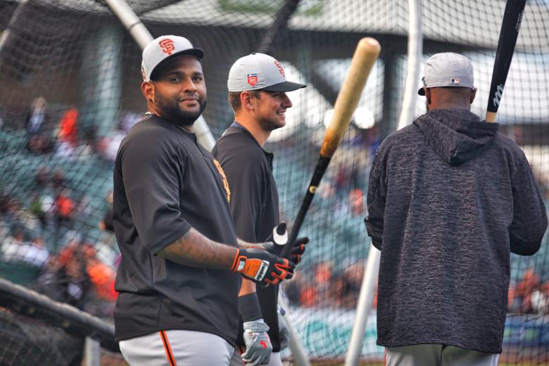 Pablo Sandoval and Joe Panik behind the batting cage before Saturday’s game.