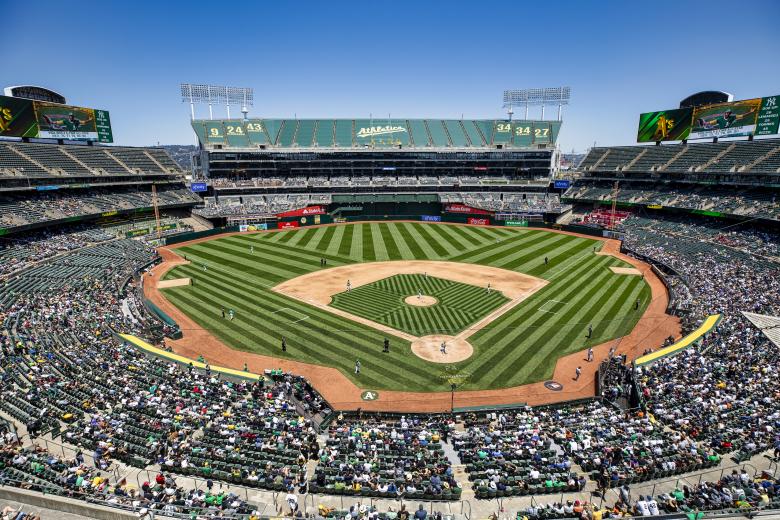The view from the upper deck of the RingCentral Coliseum on June 29. The game drew a crowd of 14,718 — bettering their MLB-worst per-game average of about 10,000 — as the A’s were pounded 10-4 by the Yankees.