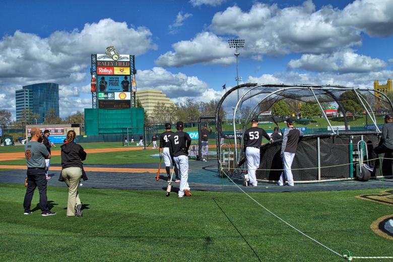 The 2018 Sacramento River Cats take batting practice at Raley Field prior to the March 24 exhibition against the Giants.