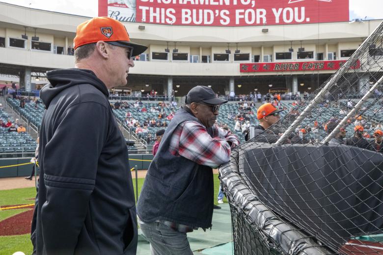 New Giants manager Bob Melvin and Sacramento native Dusty Baker watch batting practice at Sutter Health Park on March 24.