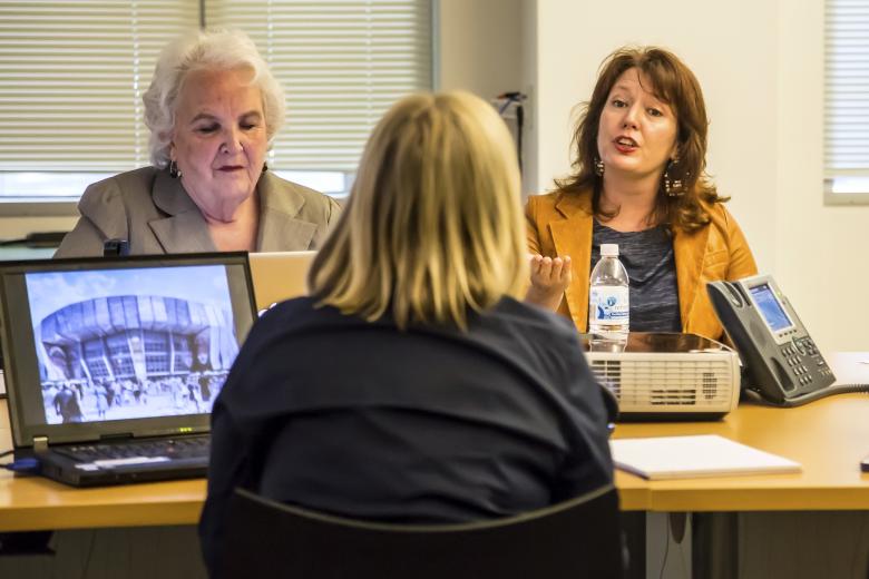 Panel member Rachel Teagle (right) discusses possible locations for work by regional artists. Teagle is director of the Jan Shrem and Maria Manetti Shrem Museum of Art. Panel member Rachel Teagle (right) discusses possible locations for work by regional artists. Teagle is director of the Jan Shrem and Maria Manetti Shrem Museum of Art.