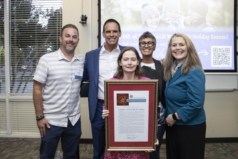Tyler Ganyo, president and CEO, DesCor Builders; Doug Aguiar, board president, Stanford Sierra Youth & Families; Jaya King, artist; Dr. Laura Heintz, CEO, Stanford Sierra Youth & Families; and Maia DeMoss, district representative, Senator Angelique Ashby