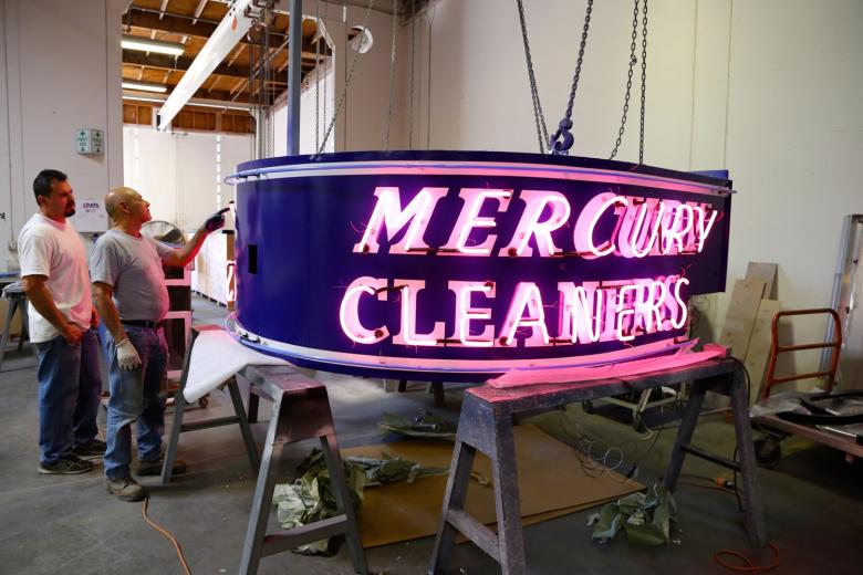 Later, the electricians tested the new lights on the canopy. Later, the electricians tested the new lights on the canopy.