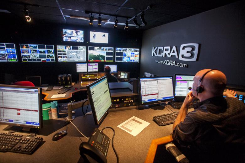 Advancements in technology have decreased staffing needs within the control room; years ago, seven people were needed to manage multiple audio feeds, video feeds, direction and graphics. Now, Archer is part of a four-man team, and other Sacramento news stations can operate with just two people in the control room. Advancements in technology have decreased staffing needs within the control room; years ago, seven people were needed to manage multiple audio feeds, video feeds, direction and graphics. Now, Archer is part of a four-man team, and other Sacramento news stations can operate with just two people in the control room.