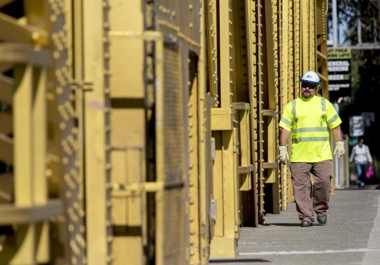 Bennett does visual checks daily and greases the bridge’s gears every 40 to 70 openings. But with the drought lowering water levels (and therefore increasing clearance under the bridge) and fewer shipments traveling upriver as a result of rising fuel prices and a soft economy, these days most maintenance is done to exercise the gears and keep the cables from stiffening. “In the last three years we’ve gone from like 160 openings a month to just a few,” Bennett says.
 Bennett does visual checks daily and greases the bridge’s gears every 40 to 70 openings. But with the drought lowering water levels (and therefore increasing clearance under the bridge) and fewer shipments traveling upriver as a result of rising fuel prices and a soft economy, these days most maintenance is done to exercise the gears and keep the cables from stiffening. “In the last three years we’ve gone from like 160 openings a month to just a few,” Bennett says.