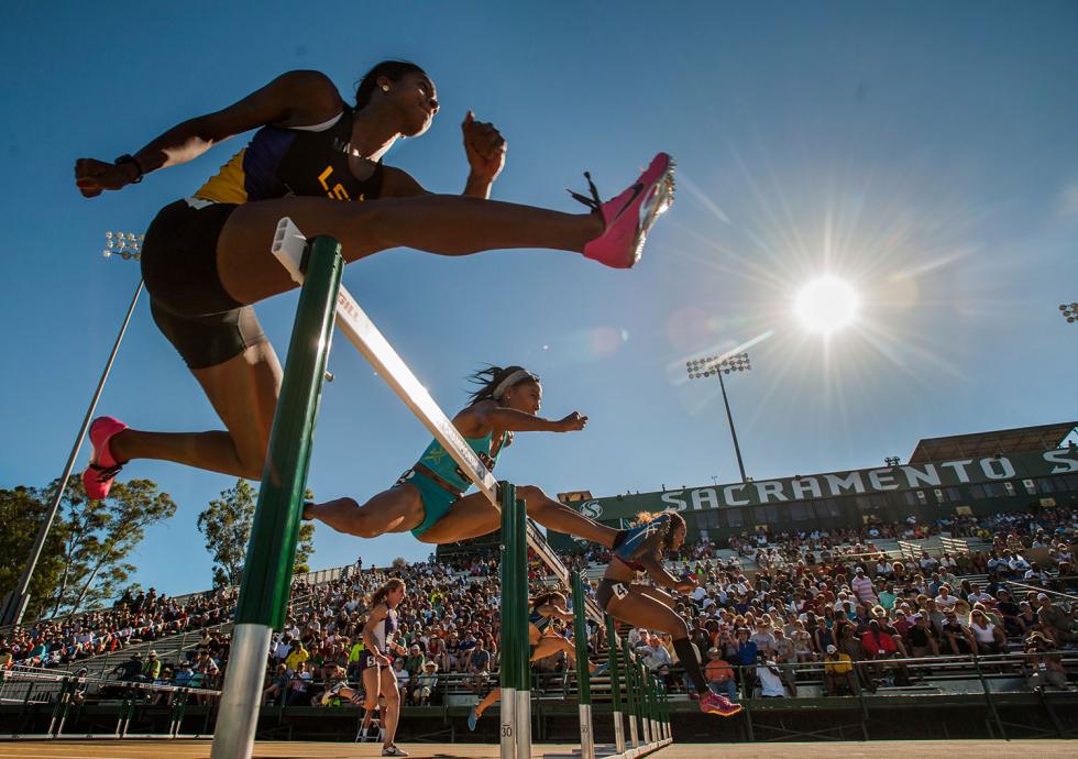 Women compete at Sacramento State's new track, a contribution of the Sacramento Tourism Marketing District. 