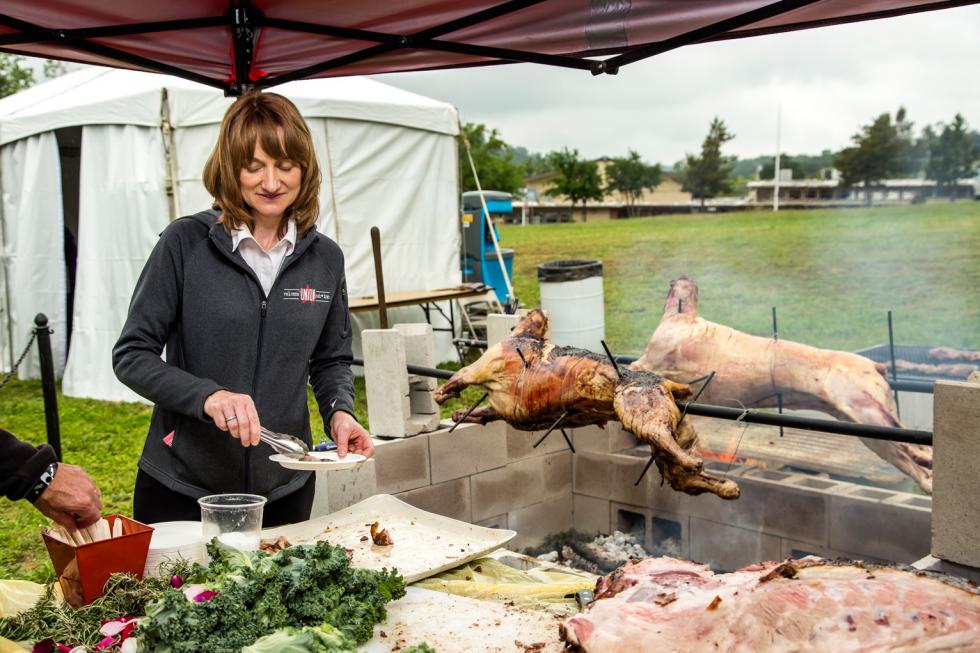 This year at the Four Fires Festival, Tracy (pictured) and Mark Berkner of Taste Kitchen served spit-fired lamb with a cherry chutney.