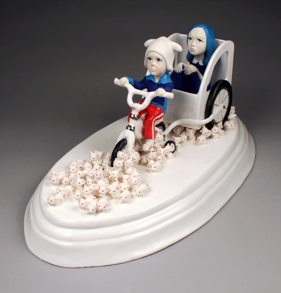 "Procession of the Fairy With the Turquoise Hair" (ceramic, underglaze, glaze; 9" x 24" x 12"; 2017) is modeled on the Colleen Sidey's children and a scene from "The Adventures of Pinocchio." (Photo by Colleen Sidey) 