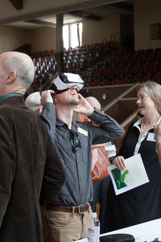 An attendee of the Nevada County Economic Resource Council summit in April checks out virtual reality. NCERC is a tenant of the new Green Screen Institute. (Photo courtesy Winding Road Imagery)
