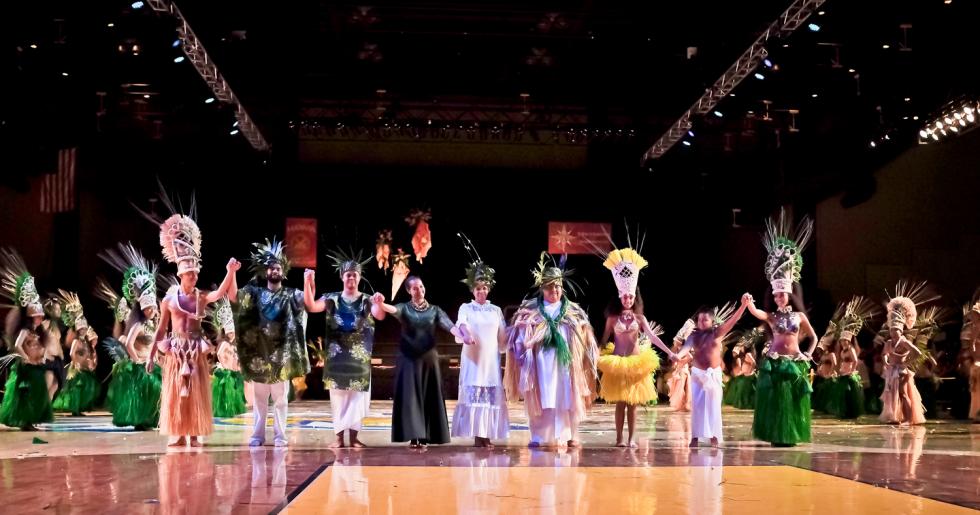 Yolanda Amen (fourth from the left) along with family and dancers at the 2015 Tahiti Fete dance competition in San Jose.