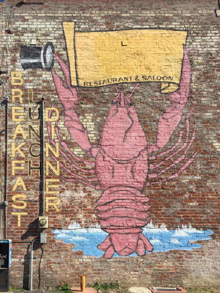 The Crayfish mural can be found on the side of Ernie's Cafe in Isleton. Now closed, the restaurant used to serve over a ton of local crayfish over holiday weekend. 