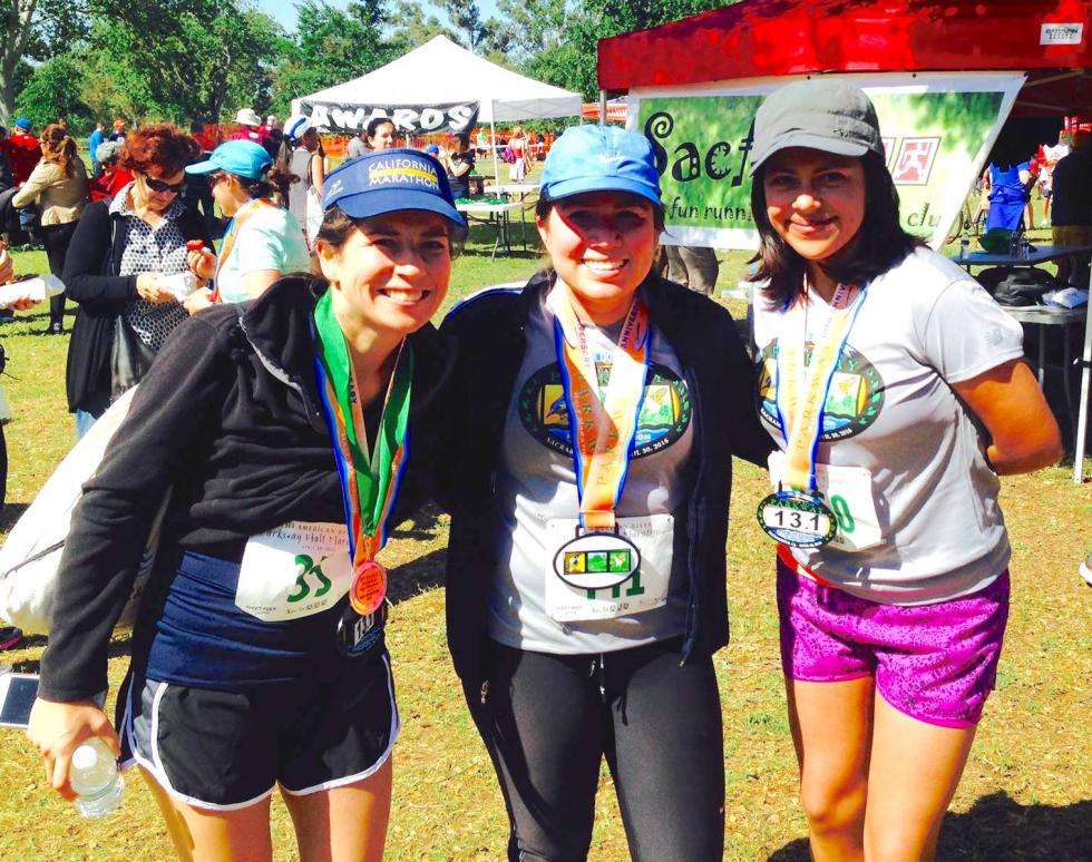 Rebecca DeLaRosa (right, running a half-marathon) is interim executive director of the Latino Coalition of a Healthy California. (Photo courtesy Rebecca DeLaRosa)