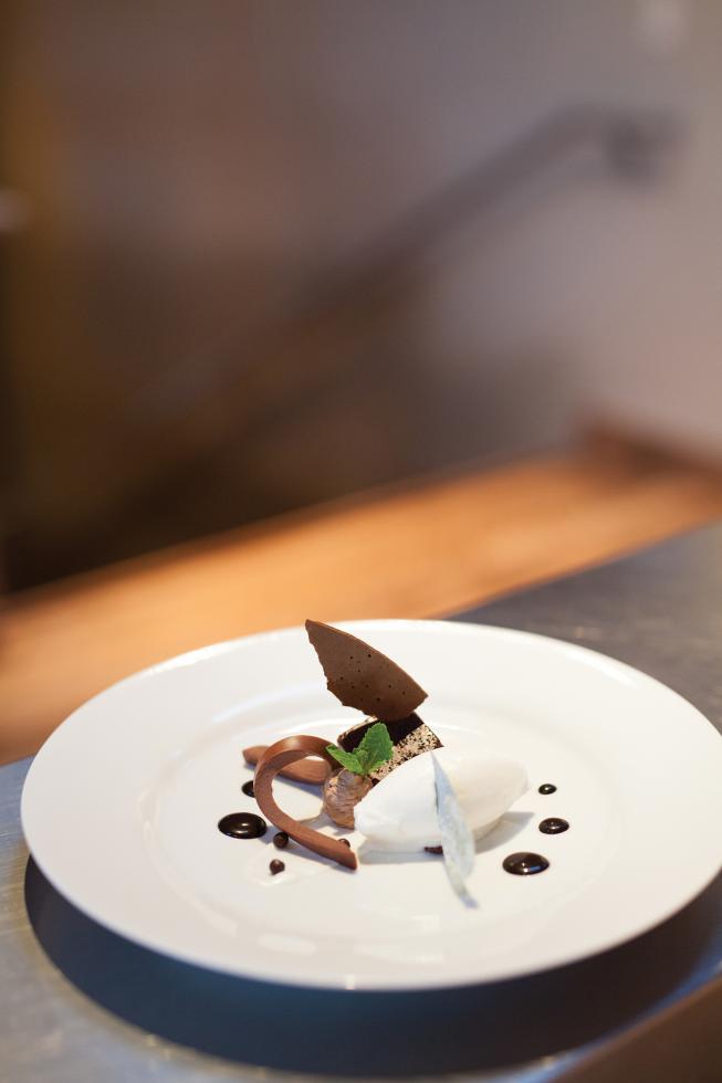From Restaurant Trokay: A Tasting of Valrhona Grand Cru Chocolate, Spearmint and Crème Fraîch