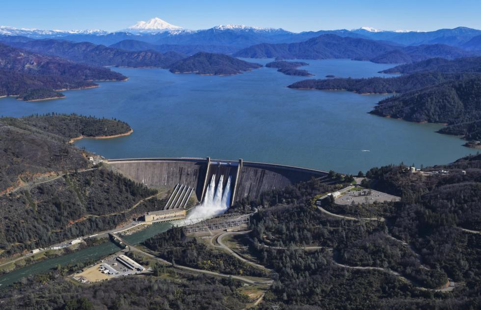 Aerial view of Shasta Dam and Shasta Lake, March 11, 2019. (Photo by the Bureau of Reclamation, licensed under CC BY-SA 2.0)