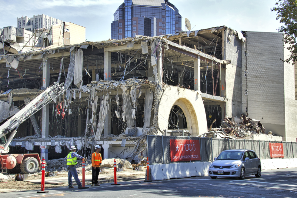 About a month before Golden 1 Center construction began Oct. 29, 2014, sections of Downtown Plaza are razed Sept. 11.