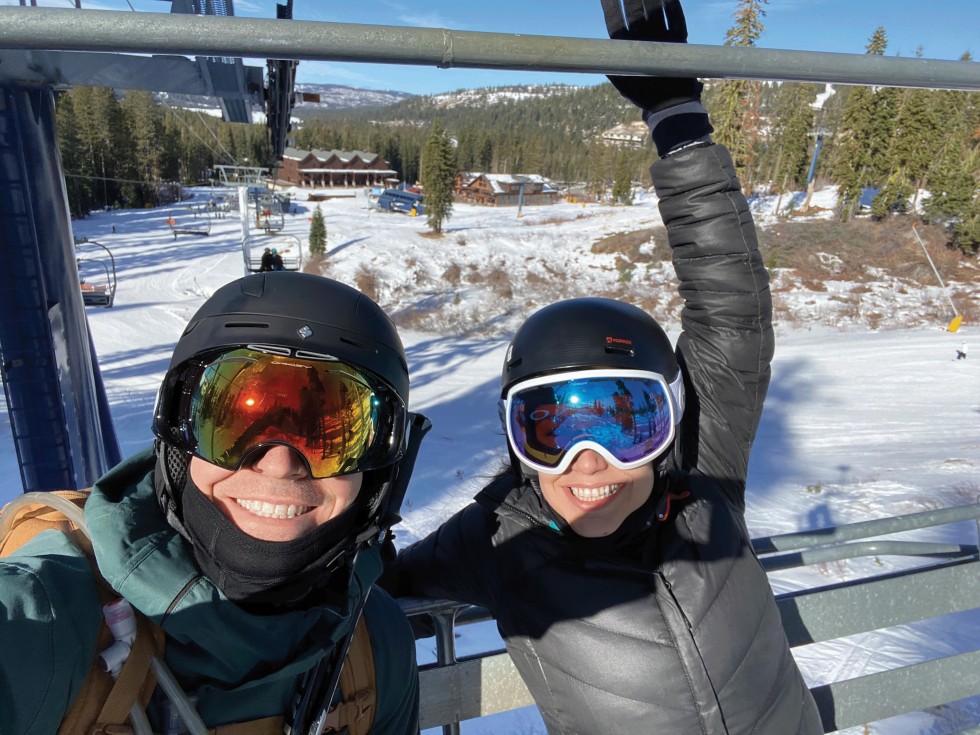 Writer Melissa LuVisi rides the ski lift with her husband, Dr. Stephen Sosnicki, at Sugar Bowl Resort. (Photo by Melissa LuVisi)