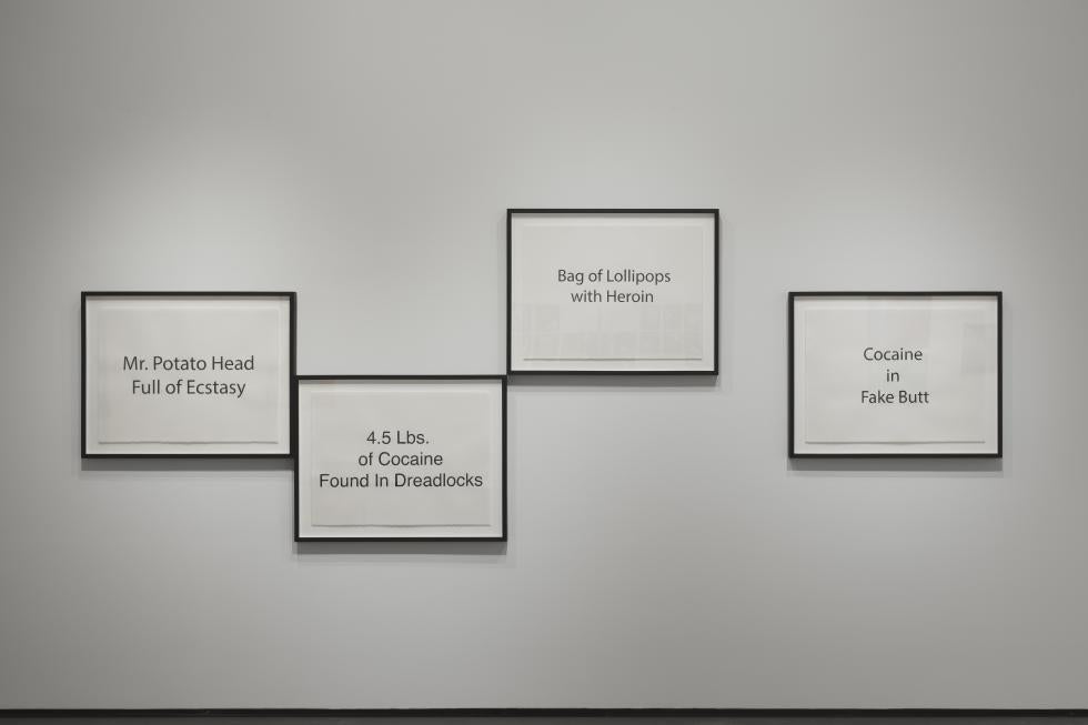 Installation view, Julio César Morales’ Narco Headline Series, 2015, 2017. Courtesy of the artist and Gallery Wendi Norris, San Francisco. Photo courtesy of the Manetti Shrem Museum © Muzi Li Rowe.