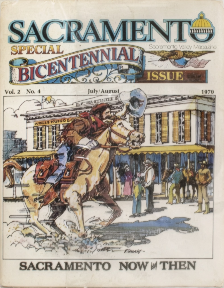 The 1976 bicentennial edition of Sacramento Magazine featured an illustration of a Pony Express rider racing into Old Sacramento. (Courtesy image)