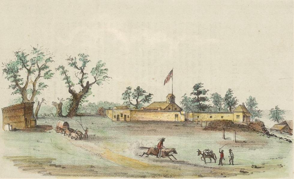 An engraving of Sutter's Fort as it looked in 1849 by lithographer John Cameron from a drawing by George Victor Cooper. (Public domain image via Wikimedia Commons)
