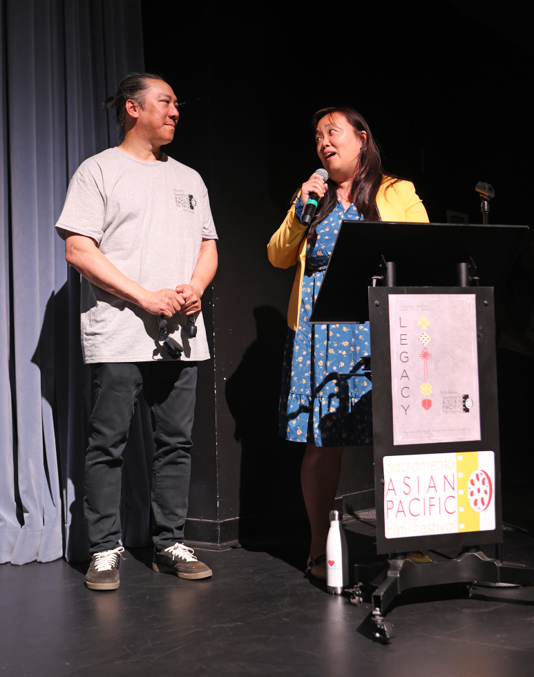 Sacramento City Councilmember Mai Vang, right, introduces the Sacramento Asian Pacific Film Festival with co-founder Jason Jong. (Photo by Elmer Javier, courtesy of SAPFF)